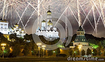 Fireworks over the Moscow Kremlin and the Moscow river. Moscow, Russia Stock Photo