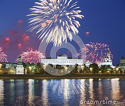 Fireworks over the Moscow Kremlin and the Moscow river. Moscow, Russia Stock Photo