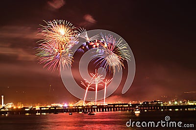 Fireworks over Santa Cruz Harbor Stock Photo