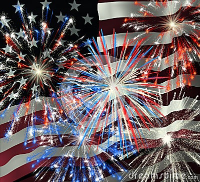 Fireworks over US Flag 2 Stock Photo