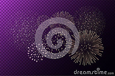 Fireworks on purple transparent background. Independence day concept Vector Illustration