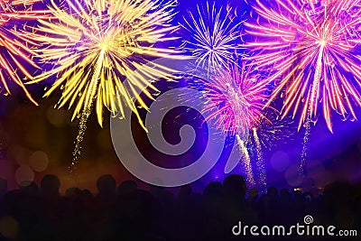 Fireworks pyrotechnics celebration party event festival holiday or New Year background - Colorful firework and silhouette of Stock Photo