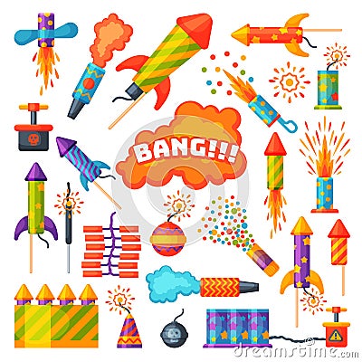 Fireworks pyrotechnics rocket and flapper birthday party gift celebrate seamless pattern vector illustration background Vector Illustration