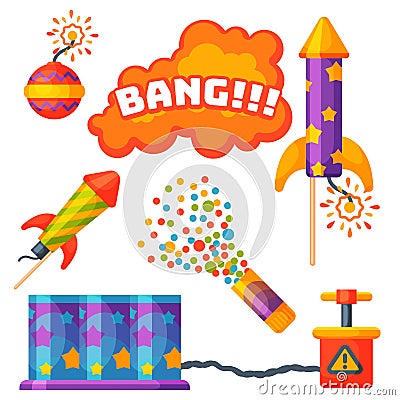 Fireworks pyrotechnics rocket and flapper birthday party gift celebrate vector illustration festival tools Vector Illustration