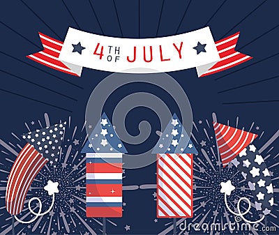 Usa fireworks with 4th july ribbon vector design Vector Illustration