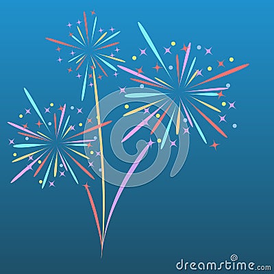 Fireworks rocket explodes in colored stars. Design element on isolated blue background. Abstract vector illustration. Vector Illustration