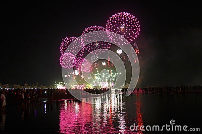 Fireworks on the rÃ©veillon new year celebration at the beach in Brazil Stock Photo