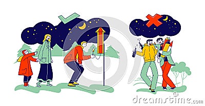 Fireworks Safety Concept. Wrong and Correct Way for Burning Petards. Happy Family Characters Enjoying Xmas Celebration Vector Illustration