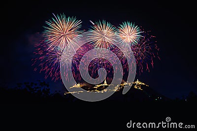 Fireworks show over Phra Nakhon Khiri Historical Park Khao Wang Stock Photo