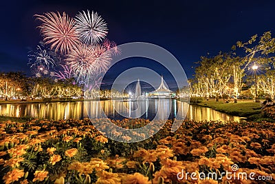 Fireworks show and prople looking at it at Suanluang Rama 9 park in Bangkok, Thailand. Dec 10, 2023 Editorial Stock Photo