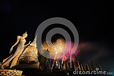 Fireworks at Sukhothai Province in the north of Thailand during the Loy Krathong Festival Stock Photo