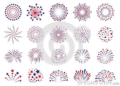 Fireworks 4th July. Celebration festival firecracker, party firework explosion, carnival colorful firework explosions Vector Illustration