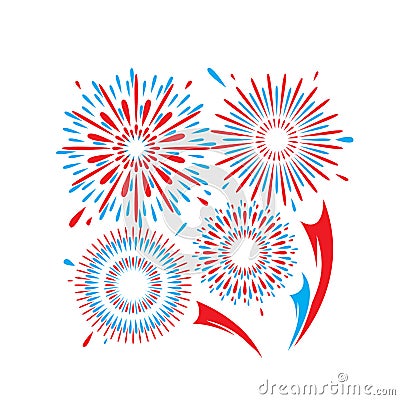 Fireworks vector pattern background. Bright blue red firework isolated on white backdrop in simple flat style, square Stock Photo