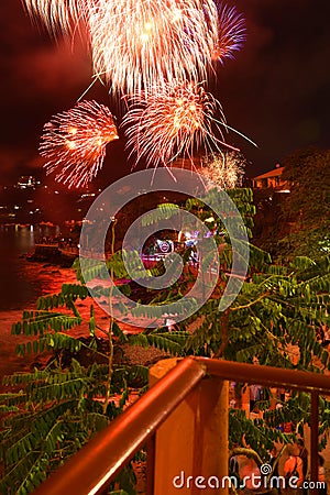 Fireworks view from the corner of the terrace towards the bay of Zihuatanejo Playa la Madera Stock Photo