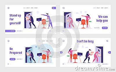 Firing, Dismissal and Career Failure Website Landing Page Set. Man and Woman Employees Carry Belongings Go Out Workplace Vector Illustration