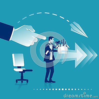 Firing employee. Sad man with a box in hands leaves work. Vector Illustration
