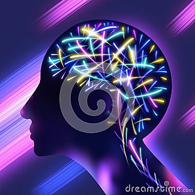 Firing of neurons inside the human brain against a luminous background Stock Photo