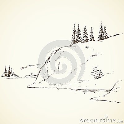 Firs on hill above river. Vector drawing Vector Illustration