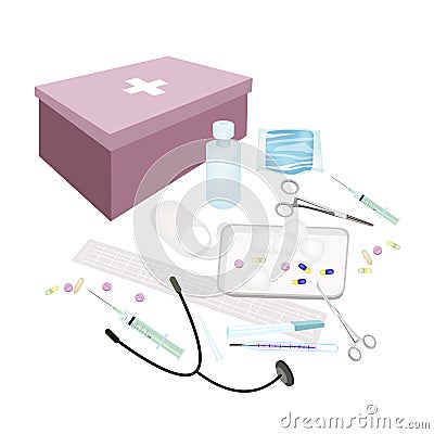 First Aid Box with Medical Supplies on White Background Vector Illustration