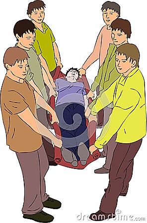 First aid - carry injured person on blanket Vector Illustration