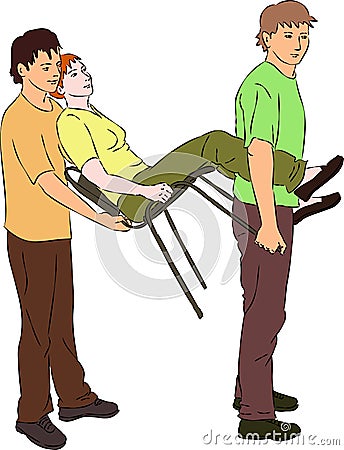 First aid - carry injured woman on chair Vector Illustration