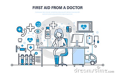 First aid from doctor, modern medicine, medical care, healthcare, insurance. Vector Illustration