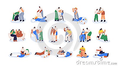 First aid, emergency concept. Firstaid, CPR, medical help, resuscitation set. Life, health rescue instruction, survival Vector Illustration