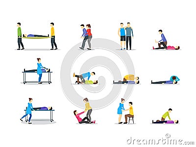 First Aid Emergency Help with People Set. Vector Vector Illustration