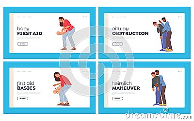 First Aid Food Choking Landing Page Template Set. Characters Choke-bore. Mother Helping Newborn Baby Spit Out Vector Illustration