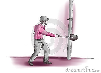 First aid and hedging measures, a man hit a steel pipe with a shovel Stock Photo