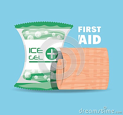 First aid ice gel and gauze medicine tools Vector Illustration