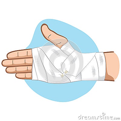First aid illustration of hands with bandage bandage on the palm and wrist area, caucasian Vector Illustration