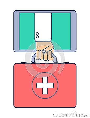 First aid by internet. Telemedicine and telehealth. Vector Illustration