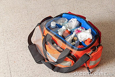 First aid kit with Bag and medicines Stock Photo