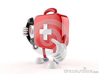 First aid kit character holding a telephone handset Stock Photo