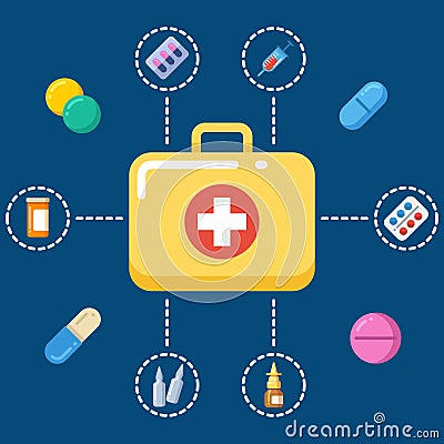 First aid kit concept - medicine icons set Vector Illustration