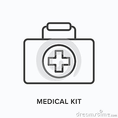 First aid kit flat line icon. Vector outline illustration of medical safety box, doctor briefcase. Emergency help bag Vector Illustration