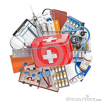 First aid kit with medical supplies and equipment, pills, drugs and fstethoscope. Health care, pharmacy and medicine concept Cartoon Illustration