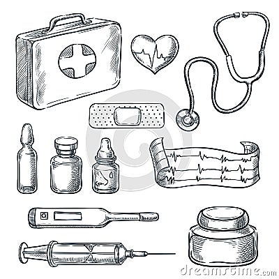 First aid kit sketch illustration. Medicine and healthcare hand drawn icons and design elements Vector Illustration