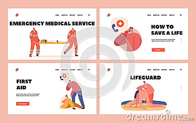 First Aid Landing Page Template Set. Rescuers Help to Victims on Beach, Medics Carry Person on Stretchers Illustration Vector Illustration