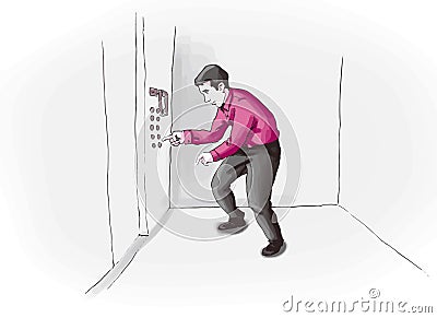 First aid measures: Elevator falls. A man was quickly pressing the elevator button to go from bottom to top. Stock Photo
