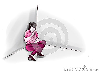 First aid measures: When trapped in an elevator, a woman sits on the ground with her back against the wall ã€‚ Stock Photo