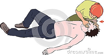 First aid - mouth breathing ventilation for unconscious man Vector Illustration