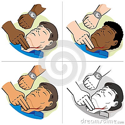 First Aid person measuring the pulse Carotid artery, ethnicity Vector Illustration