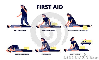 First aid reanimation. Cpr training, heart emergency revival. Ambulance and medical help procedures. Vector recovery Vector Illustration