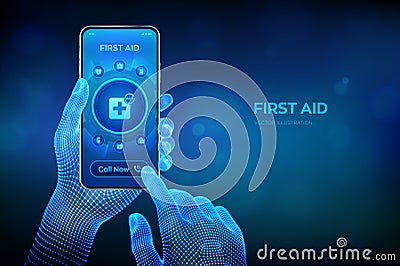 First aid service. Online medical support internet technology concept. Emergency call. Medicine, healthcare and therapy Cartoon Illustration
