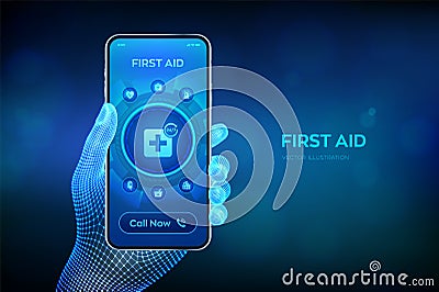 First aid service. Online medical support internet technology concept. Emergency call. Medicine, healthcare and therapy Cartoon Illustration