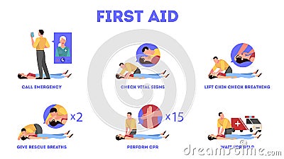 First aid steps in emergency situation. Heart massage or CPR Vector Illustration