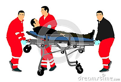 First aid training, help after crash accident transport injured person. Paramedics evacuate injured person. Vector Illustration