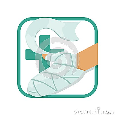 First aid and treatment of burns. Human s hand with injury in bandage. Red cross. Flat vector design for medical Vector Illustration